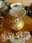Venetian style gilt and floral covered jar, glass dish on a chrome stand, wax and porcelain bonsai