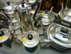 Parcel of electroplated tea and coffee pots and a bright cut oval crimped edge tray
