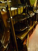 Converted standard lamp, whatnot, retro occasional table and a similar era bedside table