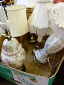 Box of ornate table lamps with shades