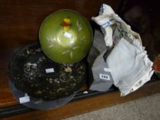 Small parcel of slate ware, papier mache and mother of pearl plate, linen etc