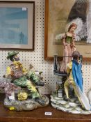 Substantial Capodimonte figure of a figure on a park bench and another similar size 'Romeo & Juliet'