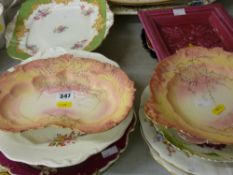 Two pink floral Worcester china plates and other dishes and plates
