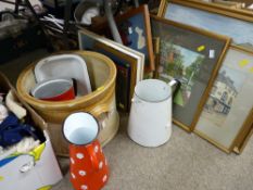 Large twin handled circular glazed stoneware vessel and a quantity of odd prints