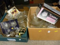 Two boxes of glassware, green glass sea float and pair of boxed brandy glasses etc