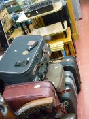 Parcel of items including luggage, retro occasional tables, clothes airer, birdcage etc