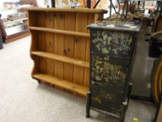 Narrow three drawer lacquered cabinet and a miniature dresser wall rack