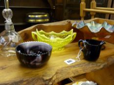 Four items of vintage coloured glassware and a silver overlaid glass scent bottle