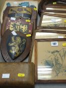 Parcel of treen, coat of arms, mirrors and a series of six horticultural prints