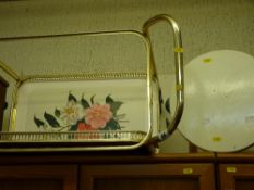Brass effect two tier tea trolley and a rustic white painted footstool, scatter cushions, curtains
