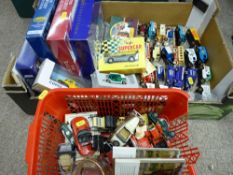 Parcel of loose toy vehicles and three boxes of railway collection items