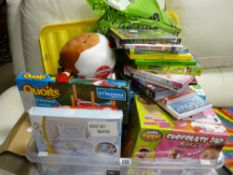 Box of children's toys and games, household items and a quantity of family DVDs etc