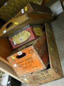 Two vintage packing boxes, one for sardines, wooden trays, wicker basket etc