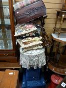 Bedroom chairs, loom linen basket, tapestry cushions and a leather effect small ottoman (a parcel)