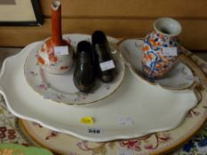 Two large oval floral Staffs platters, a white platter, pair of pottery clogs and two Oriental vases