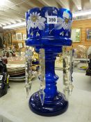 Victorian blue glass lustre with castellated top (A/F)