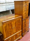 Two items of yew effect furniture including a fine narrow cocktail cabinet