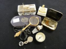Mixed parcel containing pair of lorgnettes, Acme 'Thunderer' whistle, small pocket compass, white