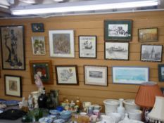 Print on fabric - lady and two children in a landscape setting and a parcel of fabric and other