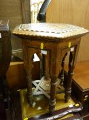 Hexagonal inlaid occasional table and a nest of three mid Century coffee tables
