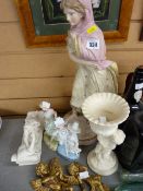 Coloured parian figurine of a young woman entitled 'Storm', other china figurines and pair of gilt