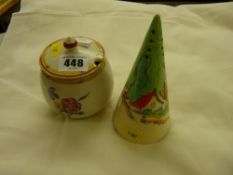 Poole pottery preserve pot and lid and a rare Clarice Cliff 'Red Roof' conical sifter (chip to