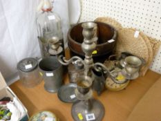 Parcel of metalware, wooden banded tub and a soda syphon and holder etc