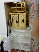 Cane set of drawers, bamboo occasional table, white open bookshelf, metal half moon frame etc