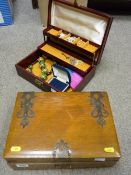 Jewellery box and contents and a wooden stationery box with brass decoration