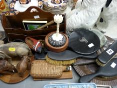 Parcel of ebony backed dressing table items, three elephant ornaments and a stationery rack