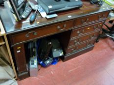 Excellent single pedestal reproduction desk with red tooled leather effect top