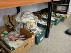 Three boxes of mixed pottery, box of kitchenware and a box with a shawl and pair of shoes etc