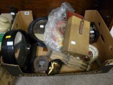 Box of mixed collectables including treen ware, metalware, excellent horseshoe ashtray etc