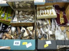 Parcel of loose cutlery in two small boxes and three items of boxed cutlery including a three