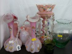 Pair of satin pink glass jugs, pink drop lustre vase and three other milk glass vases etc