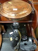 Vintage Olympus camera and a set of vintage binoculars labelled 'Nippon Kogaku Tokyo' and a long