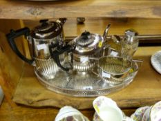 Four piece tea service, galleried electroplate tray etc