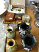 Pair of Shelley black and floral vases, pair of cloisonne type vases and sundry small wooden and