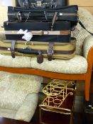Brass effect three tier tea trolley, wine rack and a parcel of luggage
