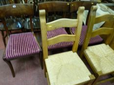 Three Regency mahogany dining chairs & two lightwood dining chairs with rush seats