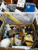 A plastic tub & a cardboard box of miscellaneous garage equipment etc