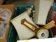 Box of mixed items including barometer, table lamps, service wear etc