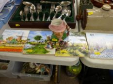 Five hanging tiles depicting Dutch scenes, an earthenware bottle & a Toby Jug