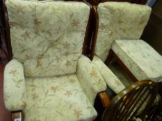 An excellent pair of modern upholstered & wood armchairs with a matching footstool