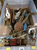 A tub of vintage carpenter's & garage tools