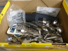 A box of kitchen utensils, cutlery etc