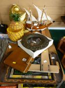 A parcel of mixed items including a yacht model, treenware etc