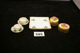 A miniature Goss tea set & two trinket boxes