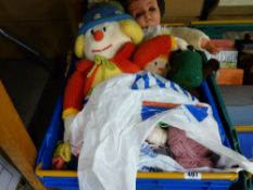 A crate of soft toys, dolls etc