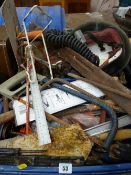 A crate and a wicker basket of small hand tools etc.